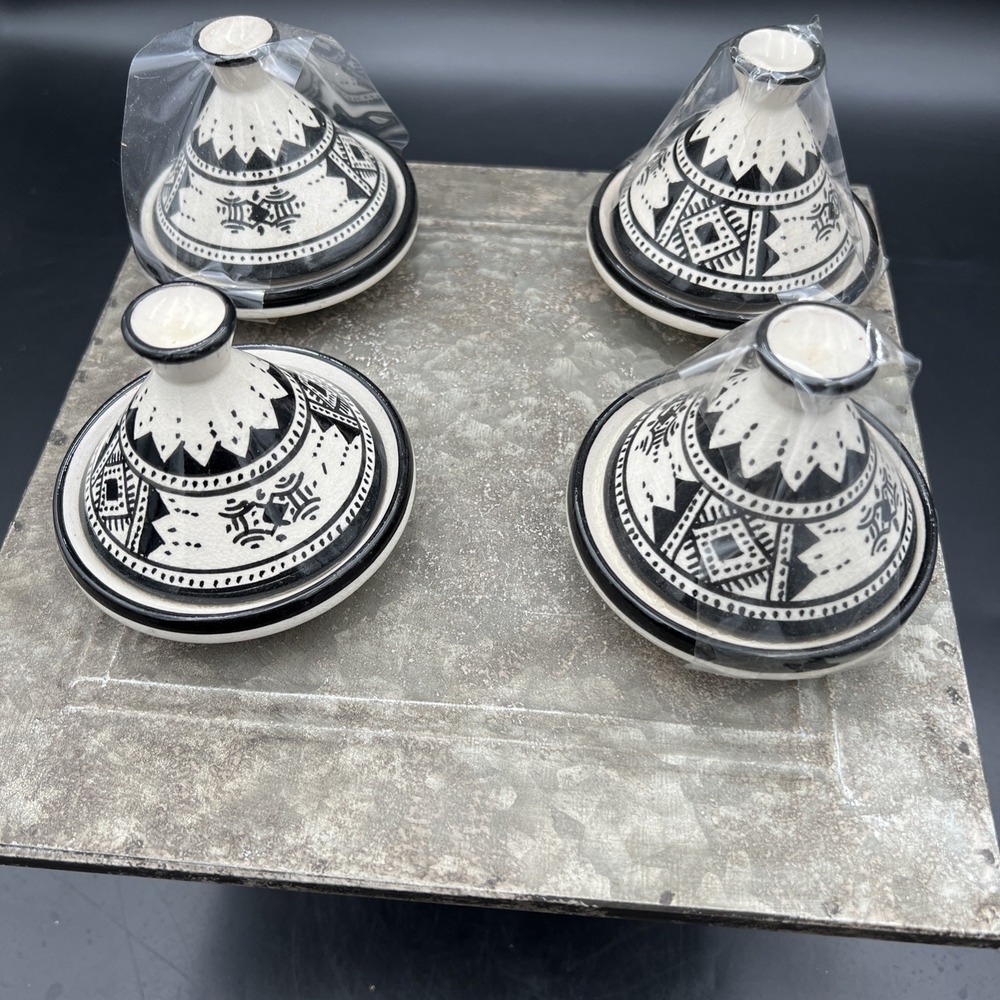 Set of 4 Moroccan Mini Ceramic Tagines Safi Hand-Painted Spice Cellar Dishes